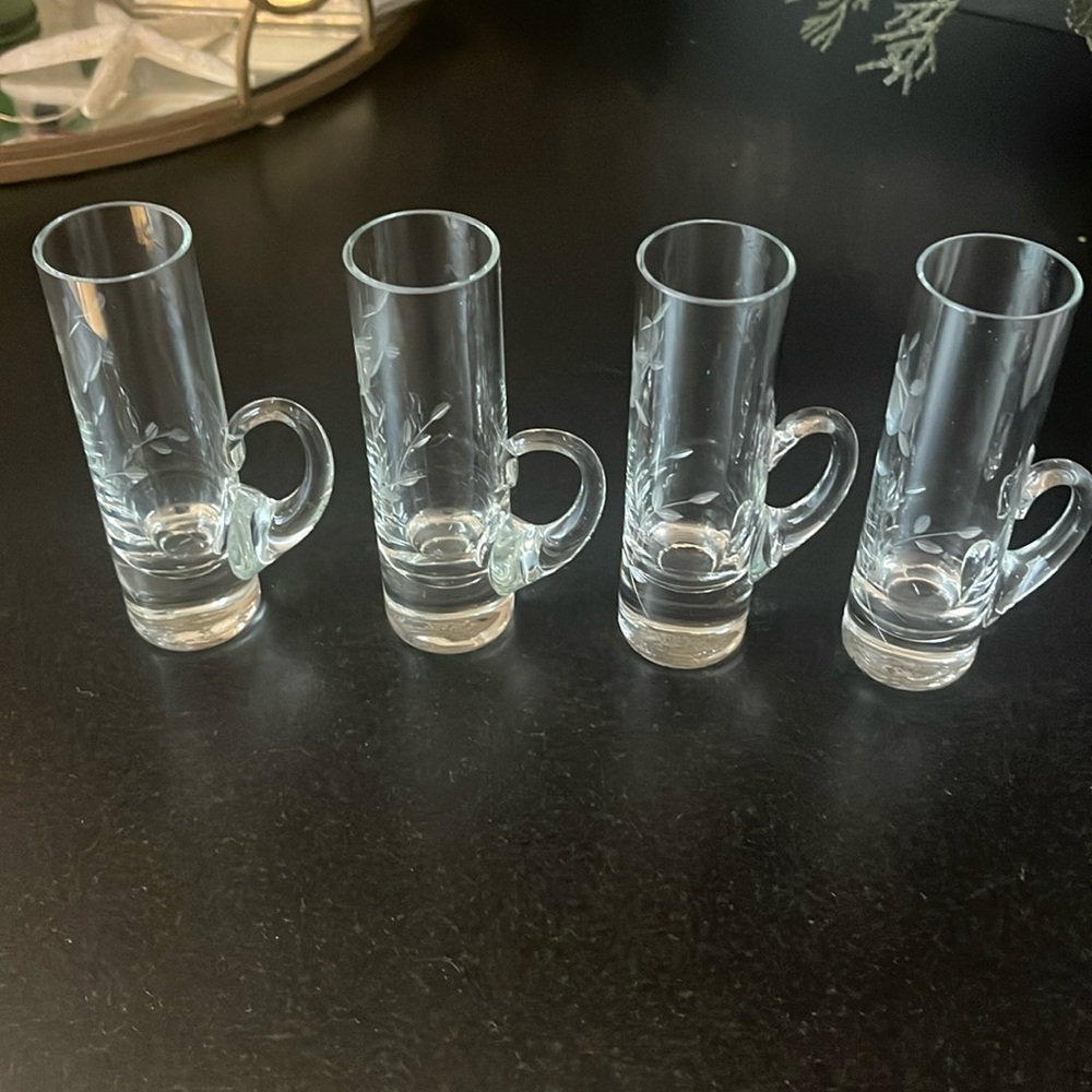 Vintage Set of 4 Etched Handled Shot Glasses